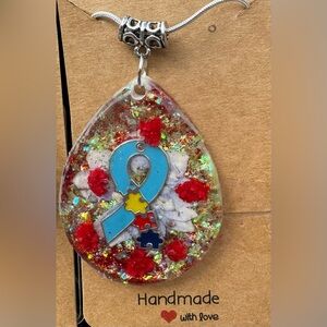 Autism Awareness Resin Teardrop Pendant With Dried Flowers & Autism Ribb…